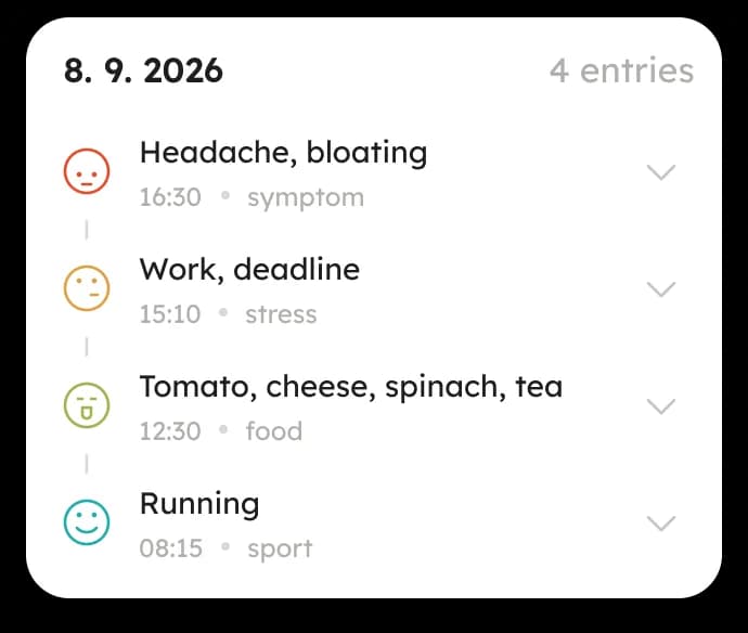 A day's records in Histeva: a card listing the day's entries with their time, type and a mood icon.